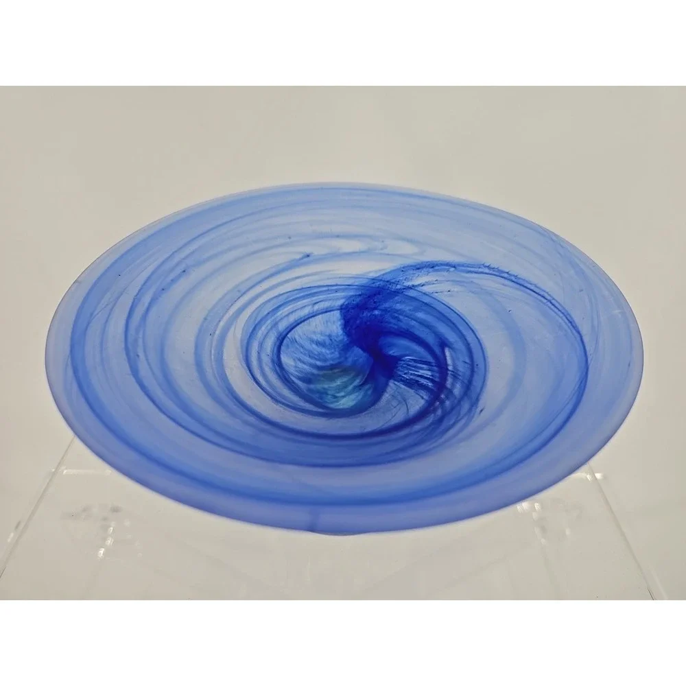 Satin blue Swirl Compote  Polished  Clear Glass Base W/ Bubbles 7